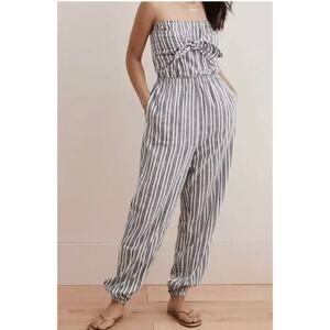 Aerie Jumpsuit Womens Small Blue‎ White Striped Jogger Strapless Smocked Coastal